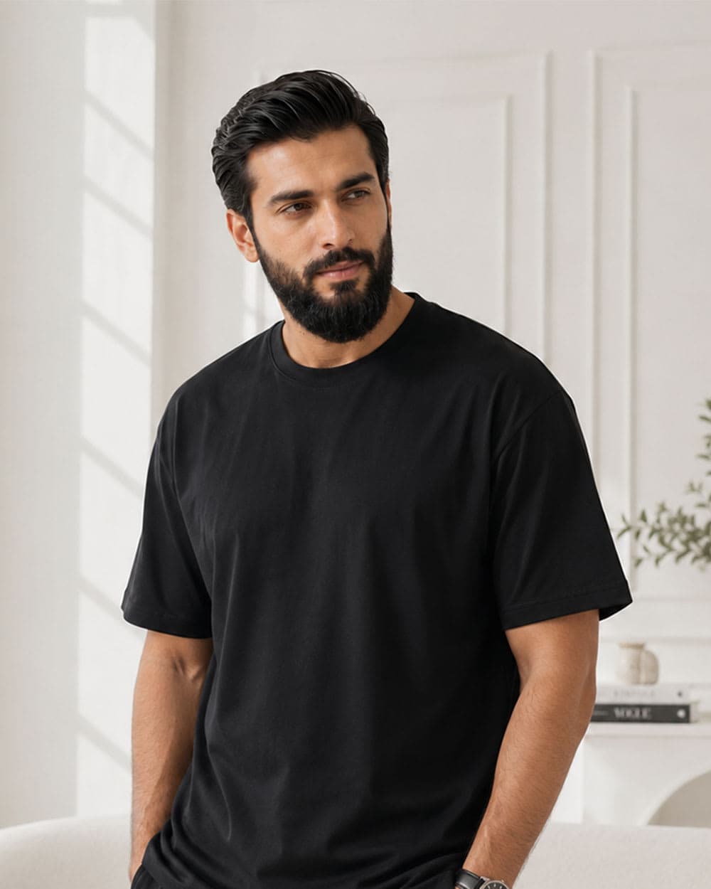 Solid Black Color Semi Drop Shoulder T-Shirt