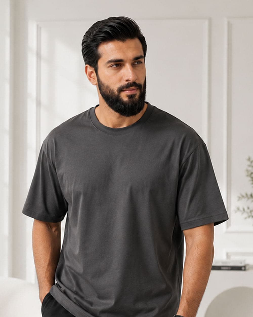 Solid Charcoal Color Semi Drop Shoulder T-Shirt