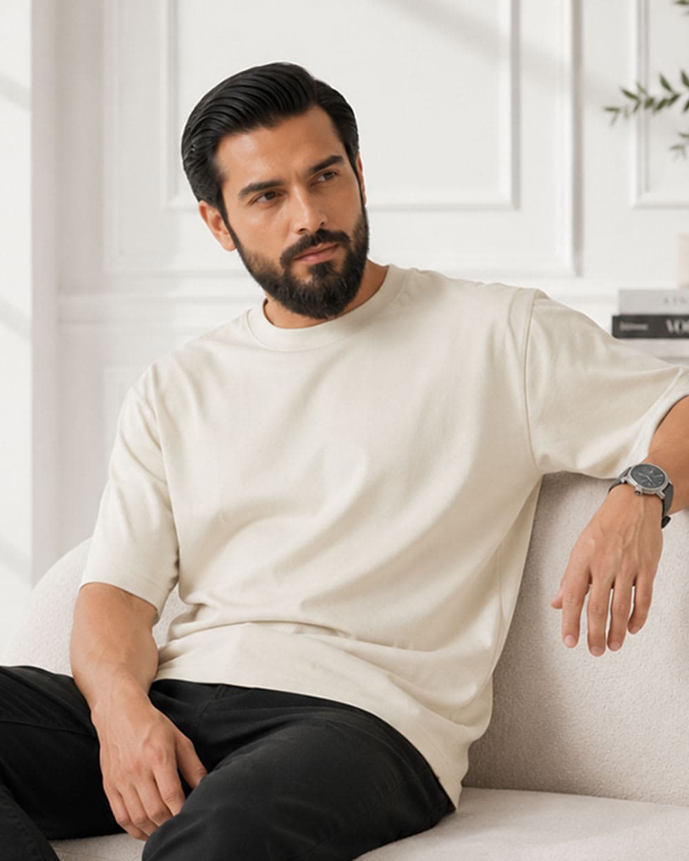 Solid Cream Color Semi Drop Shoulder T-Shirt