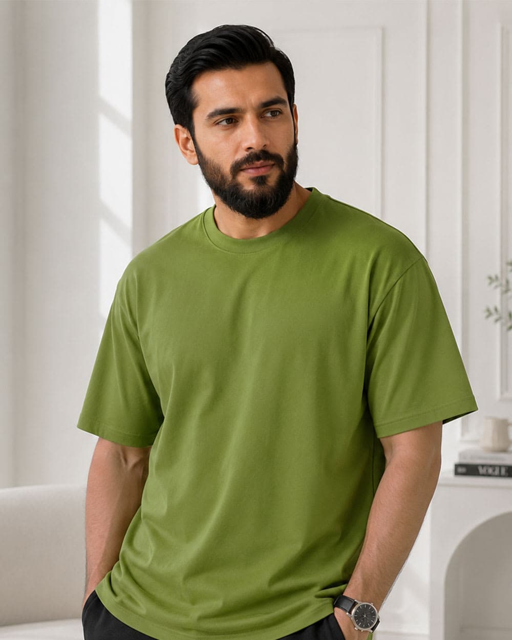 Solid Olive Green Color Semi Drop Shoulder T-Shirt
