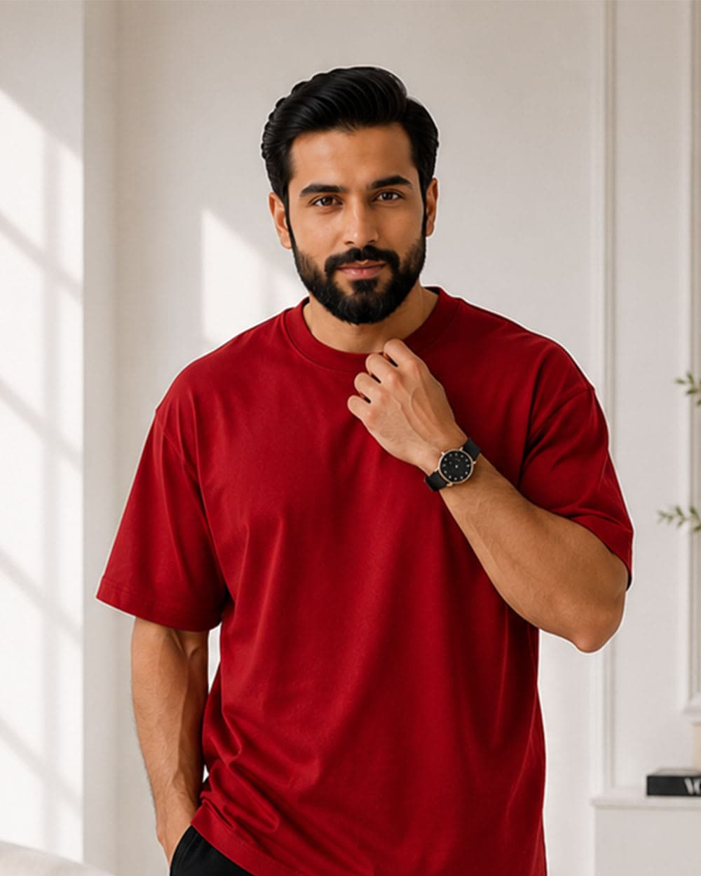 Solid Red Color Semi Drop Shoulder T-Shirt